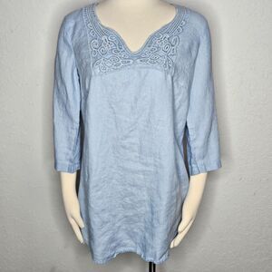 Malvin Hamburg I Love Linen Blue Embroidered Tunic Top‎ 100% Linen XL